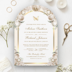 Ivory Cream Floral Gold Arch Butterfly Wedding Invitation