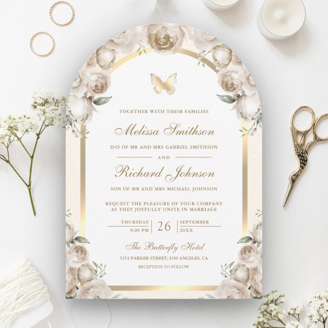 Ivory Cream Floral Gold Arch Butterfly Wedding Invitation (Creator Uploaded)
