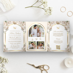 Ivory Cream Floral Gold Arch Butterfly Wedding Tri-Fold Invitation