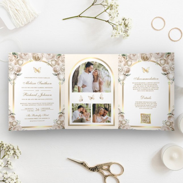 Ivory Cream Floral Gold Arch Butterfly Wedding Tri-Fold Invitation (Creator Uploaded)