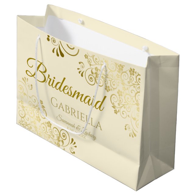 Ivory Cream & Gold Lace Elegant Bridesmaid Large Gift Bag (Front Angled)