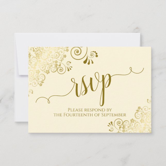 Ivory Cream Gold Lace Elegant Calligraphy Wedding RSVP Card (Front)