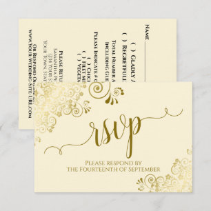 Ivory Cream Gold Lace Elegant Calligraphy Wedding RSVP Card