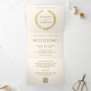 Ivory Cream Gold Laurel Minimal QR Code Wedding Tri-Fold Invitation