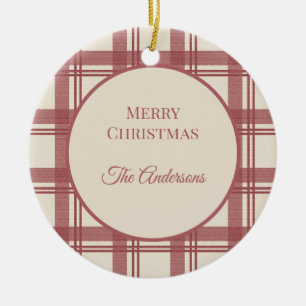 Ivory Cream Red Vintage Tartan Plaid Christmas Ceramic Tree Decoration