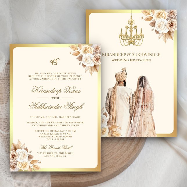 Ivory Cream Roses Floral Anand Karaj Sikh Wedding Invitation (Creator Uploaded)