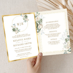Ivory Cream Sage Green Floral All in One Wedding Invitation