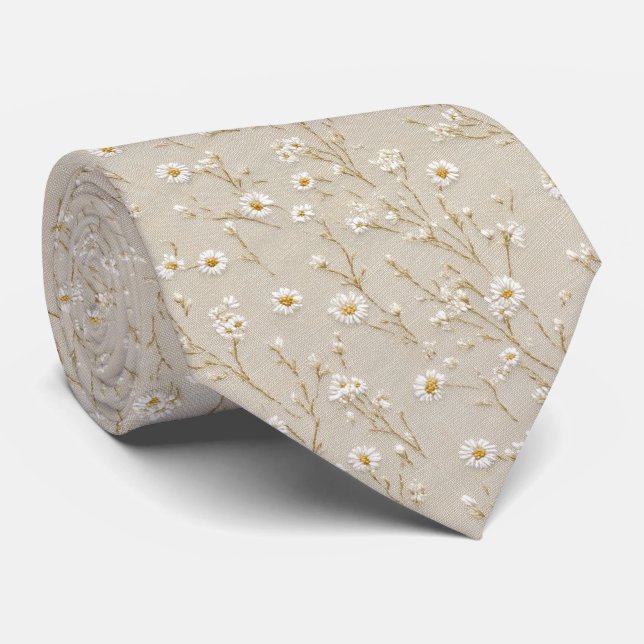 Ivory Daisy Meadow Personalised Wedding Tie (Rolled)