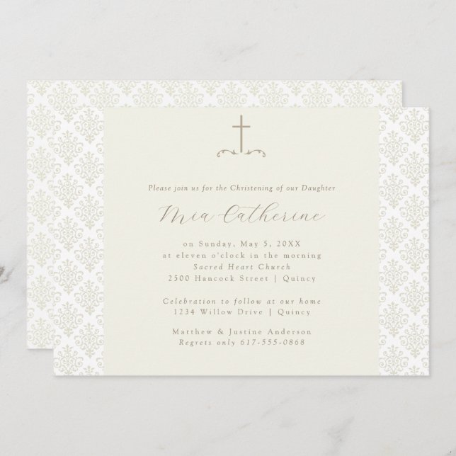 Ivory Damask Cream Cross Christening / Baptism Invitation (Front/Back)
