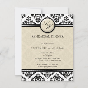 Ivory Damask Monogram Rehearsal Dinner Card