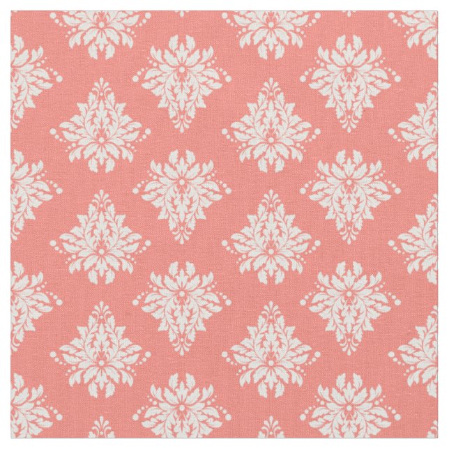 Ivory Damask on Coral Fabric (Close Up)