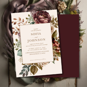 Ivory Dark Rose floral Fall Winter Wedding Invitation