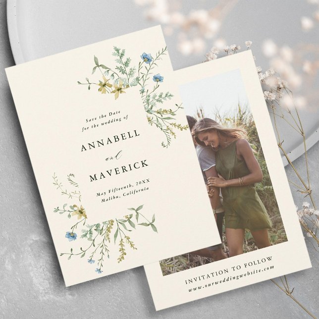 Ivory Delicate Wildflower Boho Wedding Photo Save The Date (Front & Back)