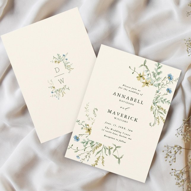 Ivory Delicate Wildflower Modern Boho Wedding Invitation (Front & Back)
