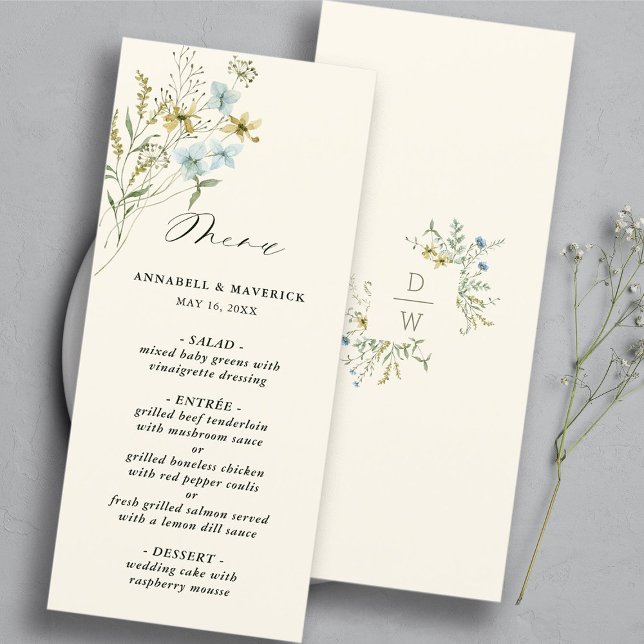 Ivory Delicate Wildflower Modern Boho Wedding Menu (Front & Back)