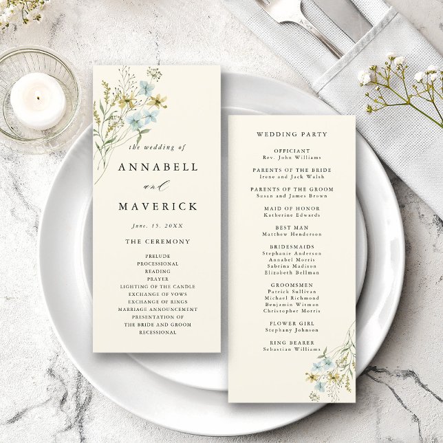 Ivory Delicate Wildflower Modern Boho Wedding  Programme (Front & Back)