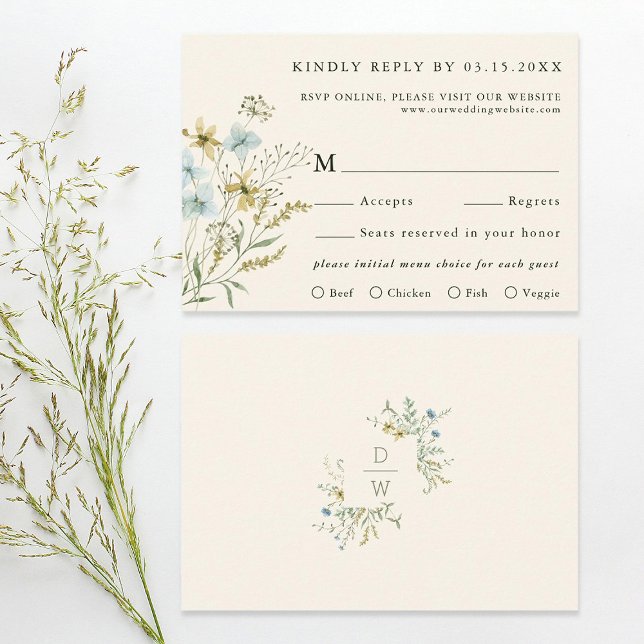 Ivory Delicate Wildflower Modern Boho Wedding RSVP Card (Front & Back)