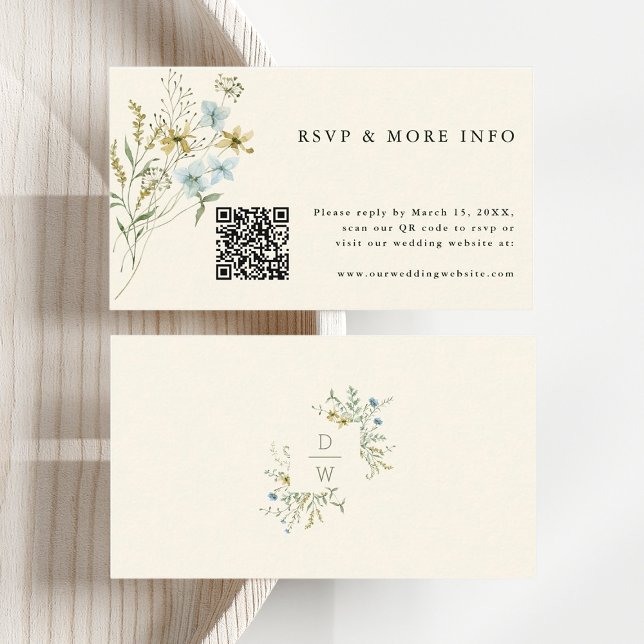 Ivory Delicate Wildflower Modern Boho Wedding RSVP Enclosure Card (Front & Back)