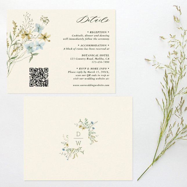 Ivory Delicate Wildflower Wedding Details Enclosure Card (Front & Back)