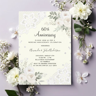 Ivory diamonds florals 60th wedding anniversary invitation