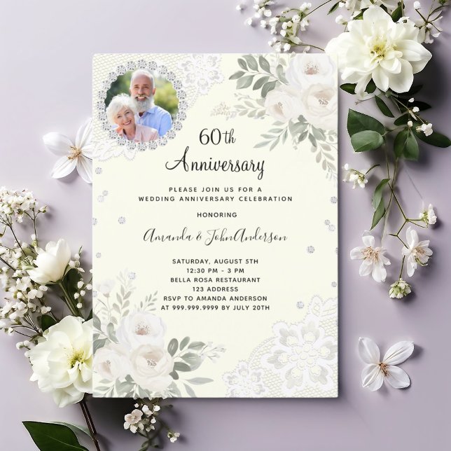 Ivory diamonds florals 60th wedding anniversary invitation (Creator Uploaded)