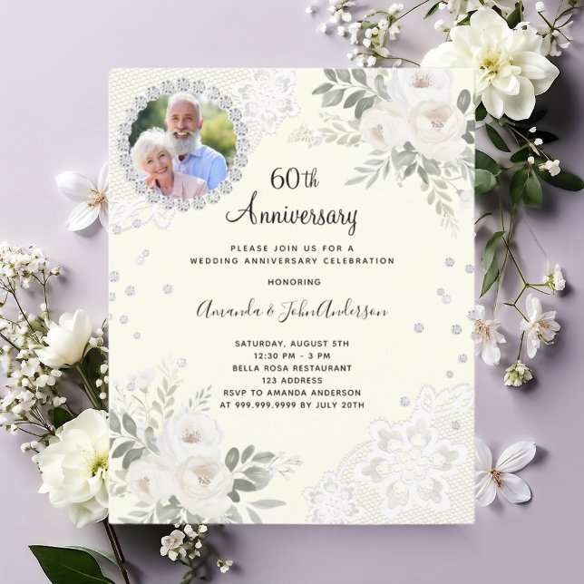 Ivory diamonds florals 60th wedding invitation (Creator Uploaded)