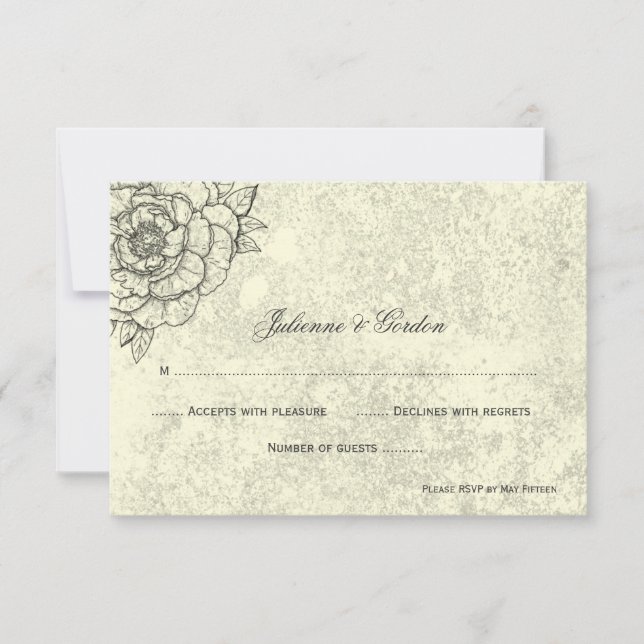 Ivory Distressed Black Sketched Flowers RSVP Invitation (Front)