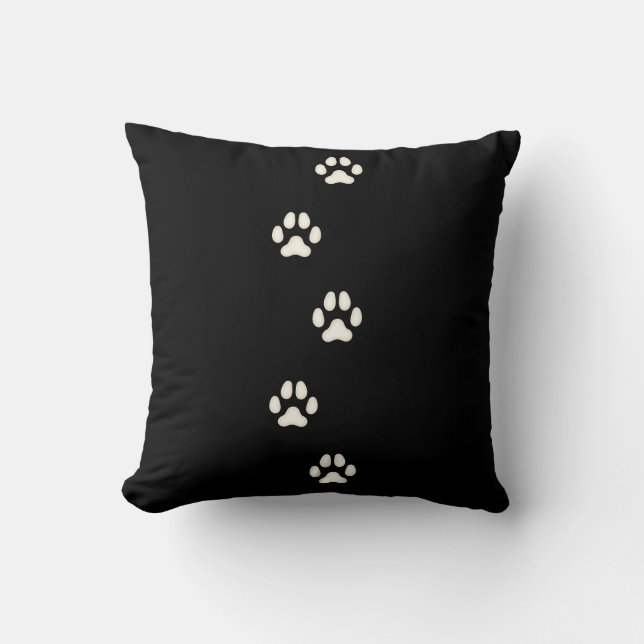 Ivory Dog Paw Prints Canine Tracks Black Cushion (Front)