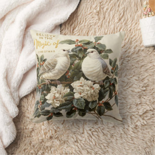 Ivory Doves Christmas Holly Magic Cushion