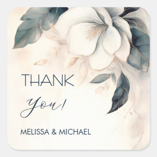  Ivory Dusty Blue Flowers  Wedding Thank You Square Sticker