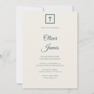 Ivory Dusty Blue Framed Cross Baptism Invitation
