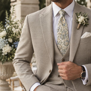 Ivory Dusty Blue Sage Floral Damask Tie