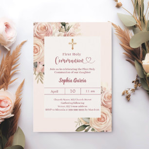 Ivory dusty rose florals First Communion Invitation