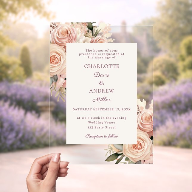 Ivory dusty rose florals luxury wedding acrylic invitations (Creator Uploaded)