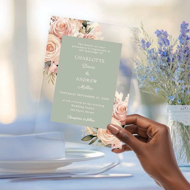 Ivory dusty rose florals sage green luxury wedding acrylic invitations (Creator Uploaded)