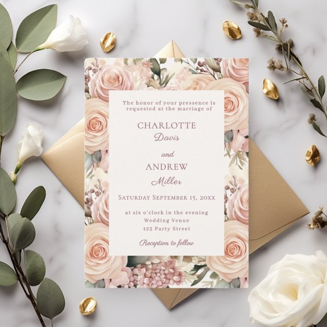 Ivory dusty rose mauve florals wedding invitation (Creator Uploaded)
