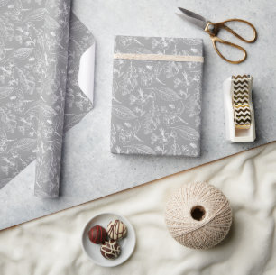 Ivory Ecru Leaves Floral Art Pattern On Chic Grey Wrapping Paper