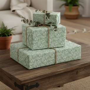 Ivory Ecru Leaves Floral Art Pattern On Sage Green Wrapping Paper