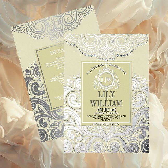 Ivory Elegant Artdeco Diamond Monogram Wedding (Luxurious Elegant Classic Boho Wedding Invitation - Real Foil and Monogram)