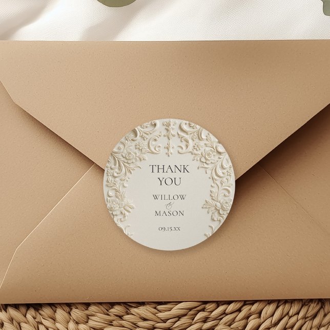 Ivory Elegant Embossed Thank You Wedding Classic Round Sticker (Ivory Elegant Embossed Thank You Wedding Classic Round Sticker)