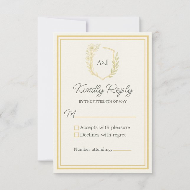 Ivory Elegant Floral Crest Monogram Formal Wedding RSVP Card (Front)