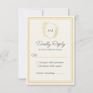 Ivory Elegant Floral Crest Monogram Formal Wedding RSVP Card