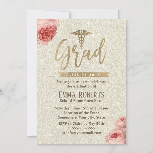 Ivory Elegant Floral Gold Medical Nurse Graduation Invitation (Front)