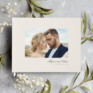 Ivory Elegant Modern Simple Script Photo Wedding Guest Book