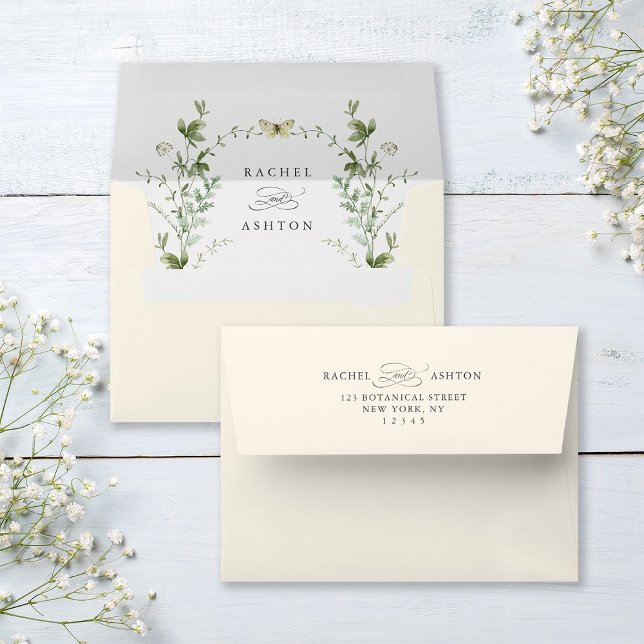 Ivory Elegant Watercolor Wildflowers Wedding  Envelope (Inside & Back)