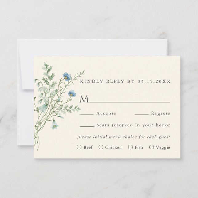 Ivory Elegant Wildflower Wedding Meal Choice RSVP  (Front)
