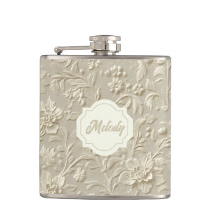 Ivory Embossed Floral Vinyl Wrapped Flask