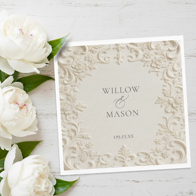 Ivory Embossed Scroll Floral Wedding Napkins (Ivory Embossed Scroll Floral Paper Wedding Napkins)