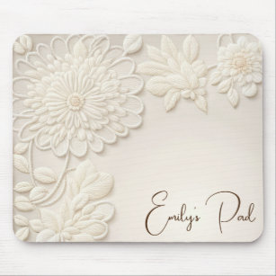 Ivory Embroidered Floral With Name Mouse Pad