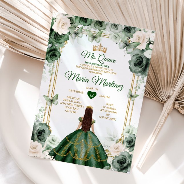 Ivory & Emerald Green Floral Princess Mis Quince Invitation (Creator Uploaded)